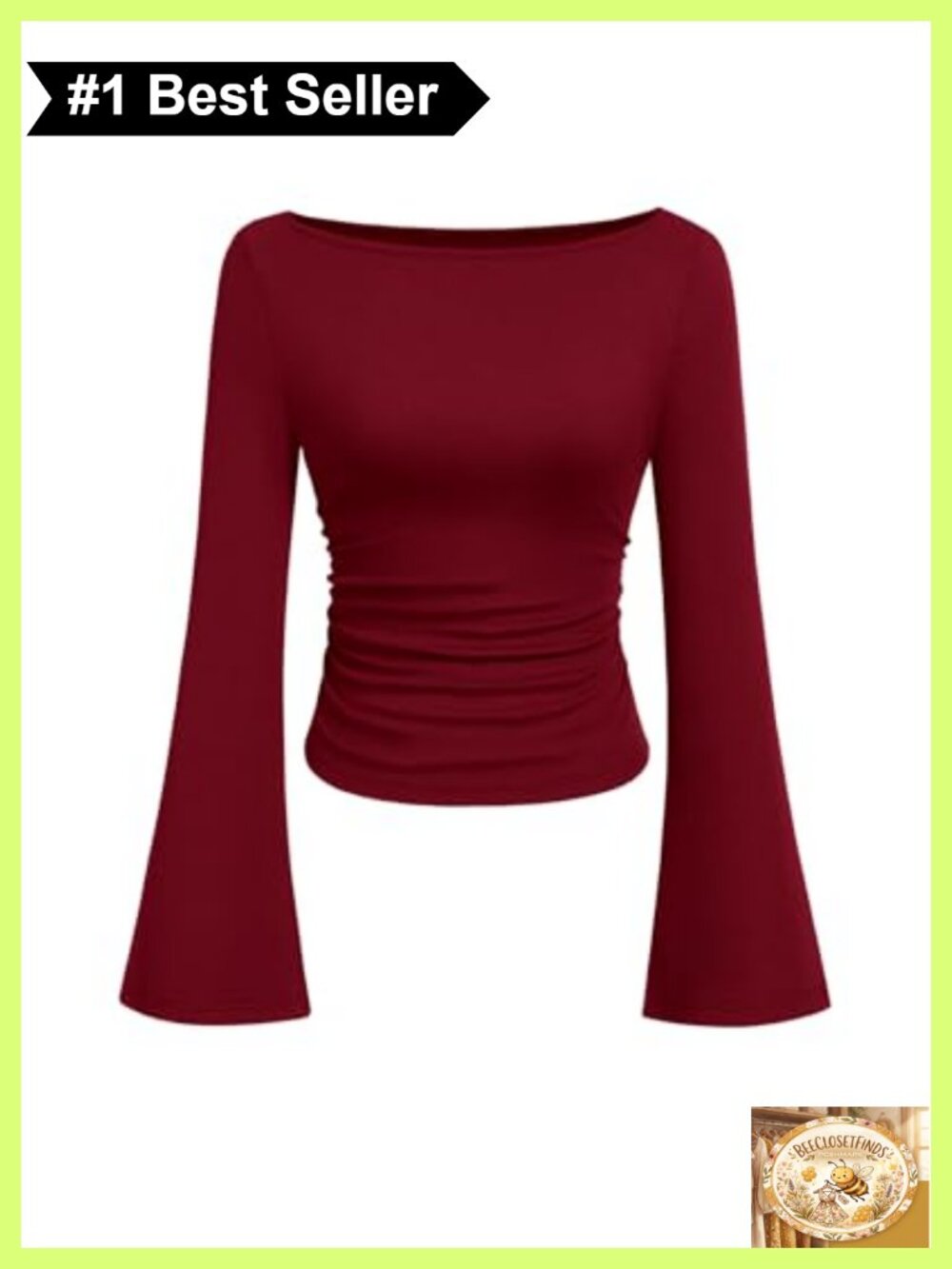 PRETTYGARDEN Ribbed Knit Bell Long Sleeve Boat Neck Fitted Casual Top